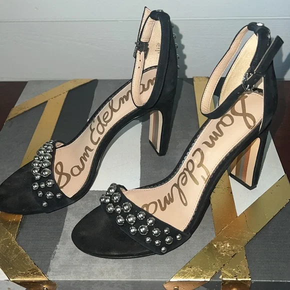 🪩SAM EDELMAN•Yoshi Black Suede Sandals silver studded embellishment •Size 7.5 - Picture 1 of 17